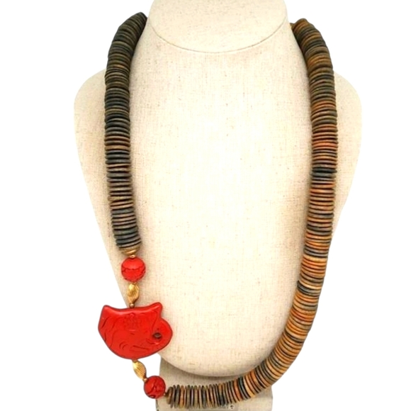 Jewelry - Chunky Balsa Wood Disc Necklace - Lucky Elephant, Gold & Carved Bead adornments